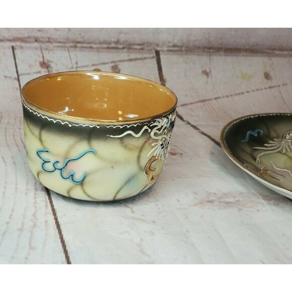 Vintage Japanese Dragonware Teacup & Saucer Set Moriage Demitasse Hand Painted - Picture 5 of 11
